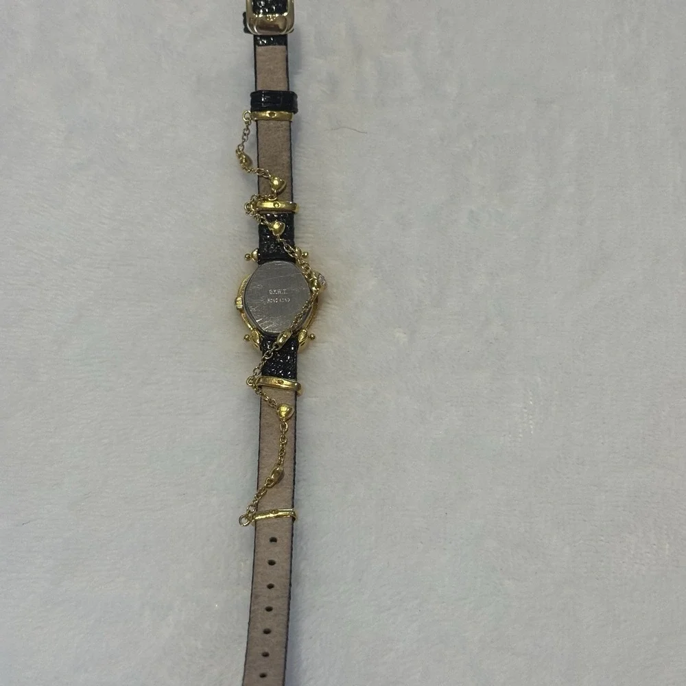 ALOHA Heart Rhinestone Women's Quartz Watch Black Leather Japan Movement VTG